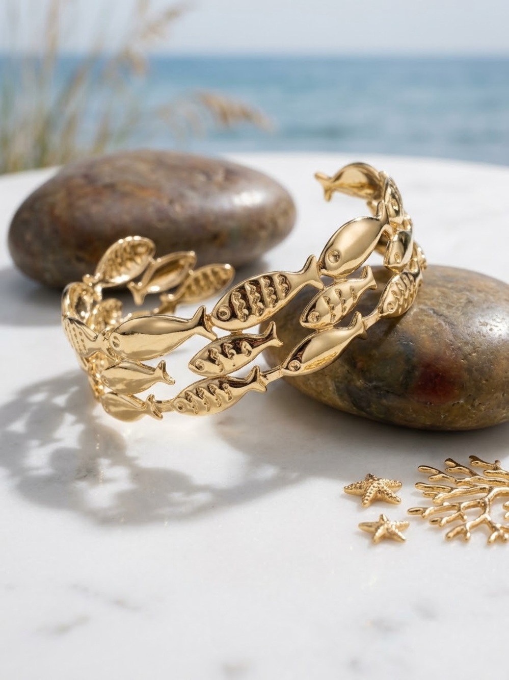Gold Fish Link Cuff Bracelet - Women Jewelry
